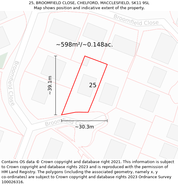 25, BROOMFIELD CLOSE, CHELFORD, MACCLESFIELD, SK11 9SL: Plot and title map