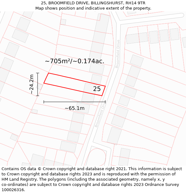 25, BROOMFIELD DRIVE, BILLINGSHURST, RH14 9TR: Plot and title map