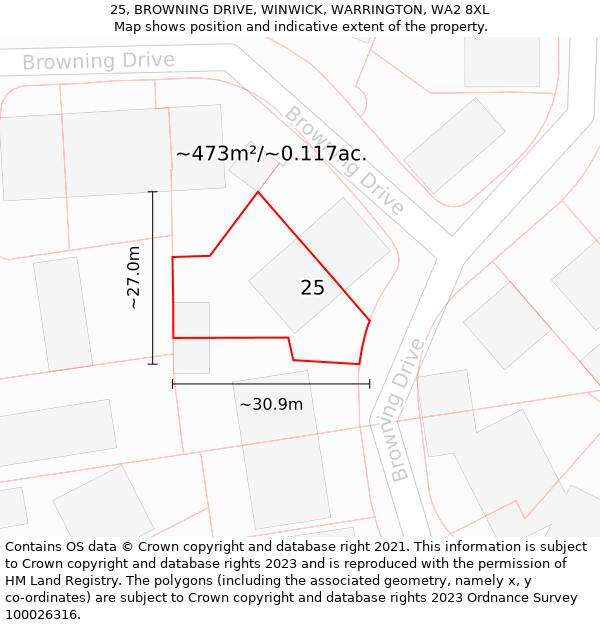 25, BROWNING DRIVE, WINWICK, WARRINGTON, WA2 8XL: Plot and title map