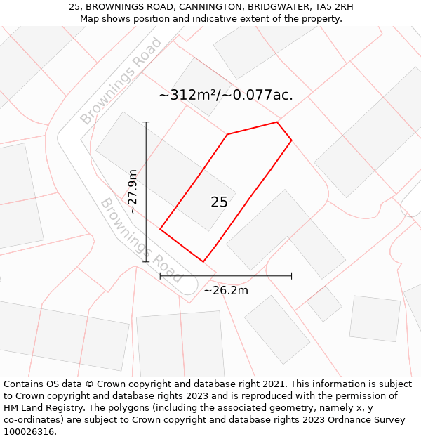 25, BROWNINGS ROAD, CANNINGTON, BRIDGWATER, TA5 2RH: Plot and title map