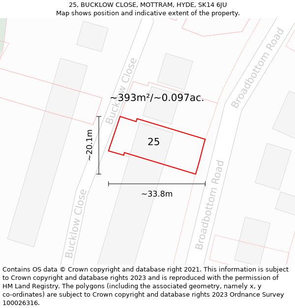 25, BUCKLOW CLOSE, MOTTRAM, HYDE, SK14 6JU: Plot and title map