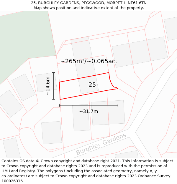 25, BURGHLEY GARDENS, PEGSWOOD, MORPETH, NE61 6TN: Plot and title map