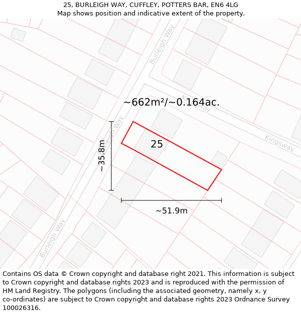 25, BURLEIGH WAY, CUFFLEY, POTTERS BAR, EN6 4LG: Plot and title map