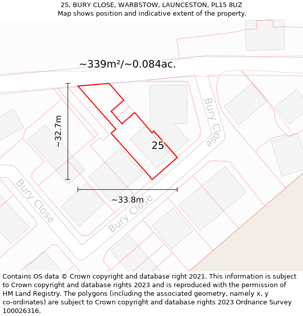 25, BURY CLOSE, WARBSTOW, LAUNCESTON, PL15 8UZ: Plot and title map