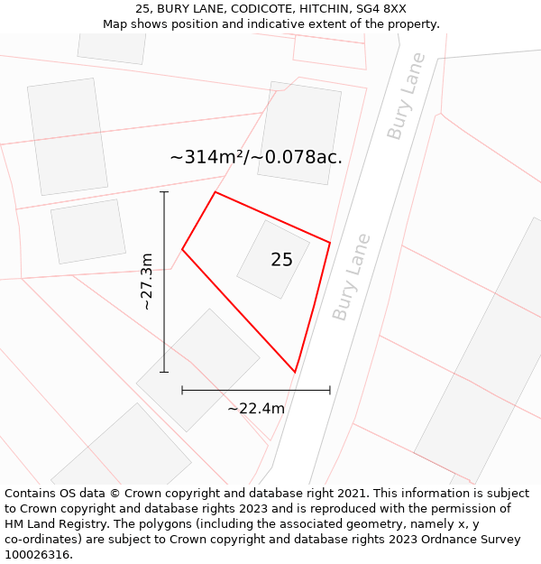 25, BURY LANE, CODICOTE, HITCHIN, SG4 8XX: Plot and title map