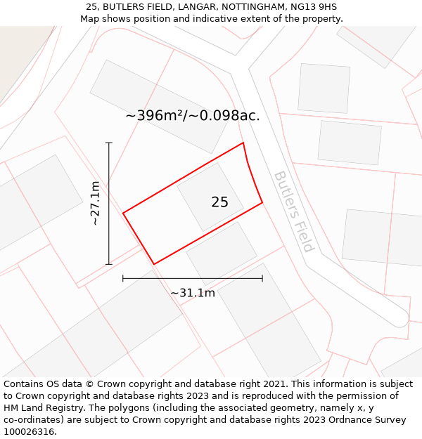 25, BUTLERS FIELD, LANGAR, NOTTINGHAM, NG13 9HS: Plot and title map