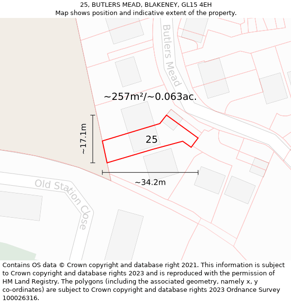 25, BUTLERS MEAD, BLAKENEY, GL15 4EH: Plot and title map