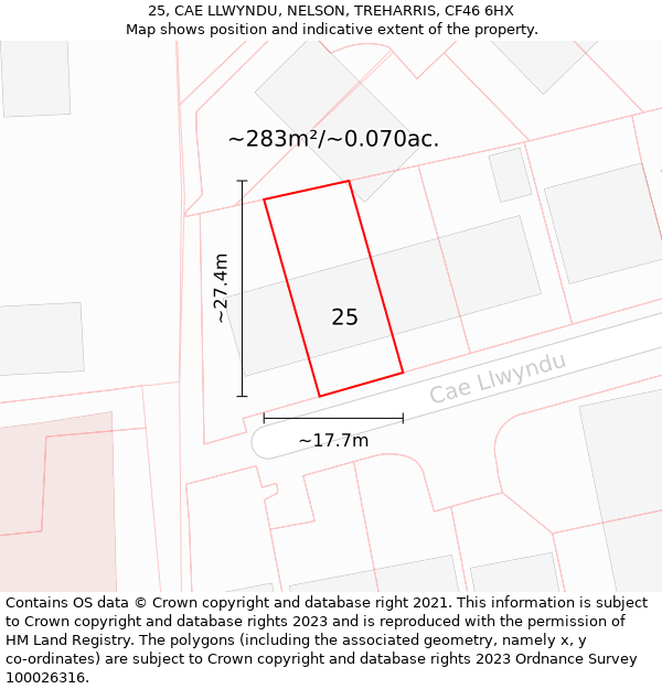 25, CAE LLWYNDU, NELSON, TREHARRIS, CF46 6HX: Plot and title map