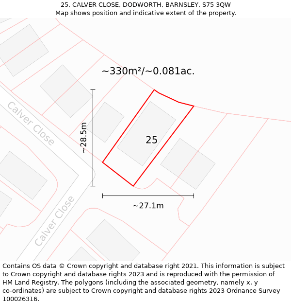 25, CALVER CLOSE, DODWORTH, BARNSLEY, S75 3QW: Plot and title map