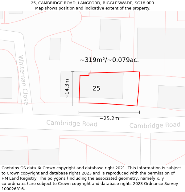 25, CAMBRIDGE ROAD, LANGFORD, BIGGLESWADE, SG18 9PR: Plot and title map