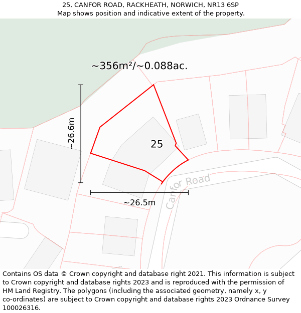 25, CANFOR ROAD, RACKHEATH, NORWICH, NR13 6SP: Plot and title map