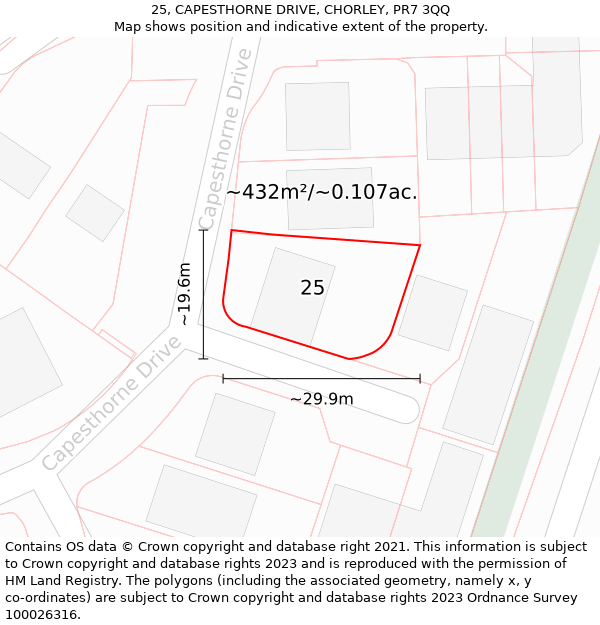 25, CAPESTHORNE DRIVE, CHORLEY, PR7 3QQ: Plot and title map