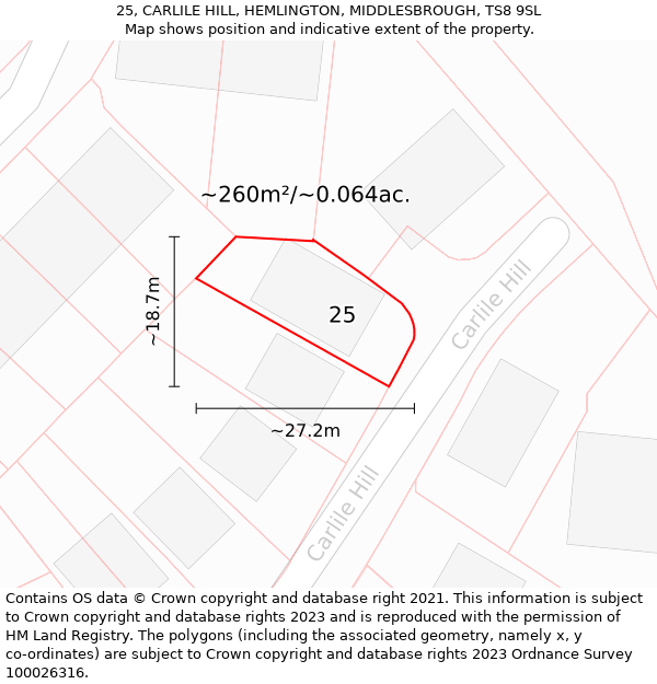 25, CARLILE HILL, HEMLINGTON, MIDDLESBROUGH, TS8 9SL: Plot and title map