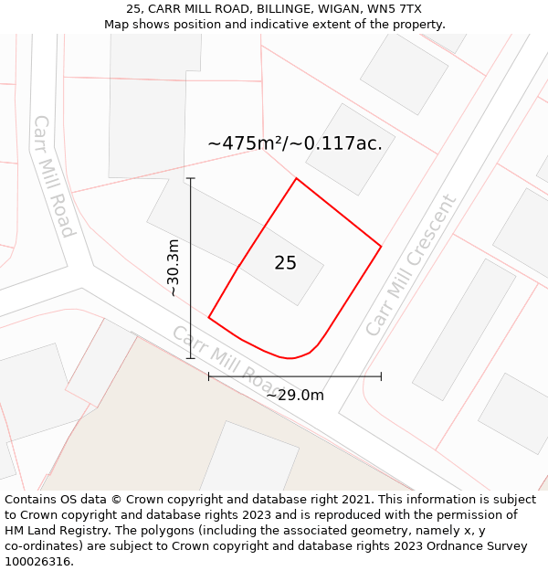 25, CARR MILL ROAD, BILLINGE, WIGAN, WN5 7TX: Plot and title map