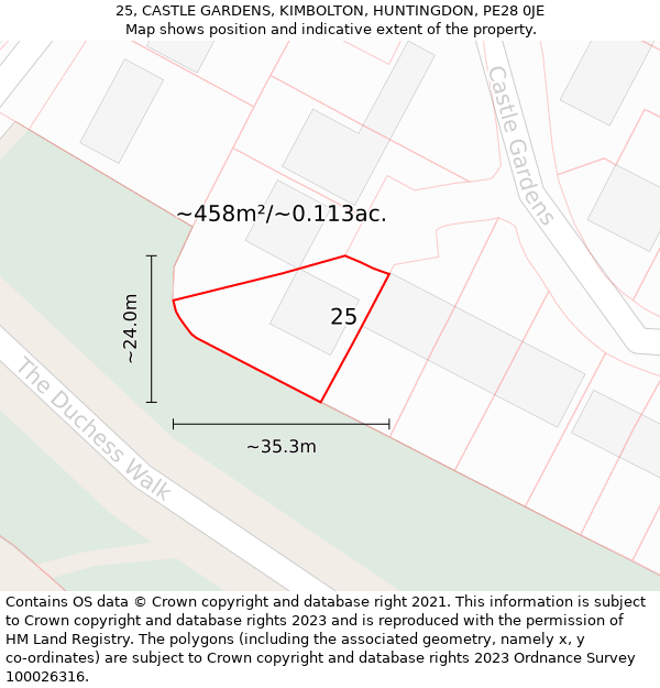 25, CASTLE GARDENS, KIMBOLTON, HUNTINGDON, PE28 0JE: Plot and title map