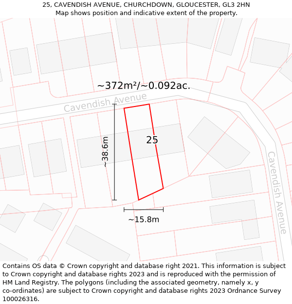 25, CAVENDISH AVENUE, CHURCHDOWN, GLOUCESTER, GL3 2HN: Plot and title map