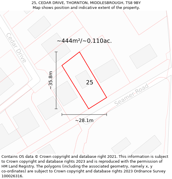 25, CEDAR DRIVE, THORNTON, MIDDLESBROUGH, TS8 9BY: Plot and title map