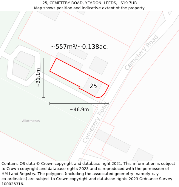 25, CEMETERY ROAD, YEADON, LEEDS, LS19 7UR: Plot and title map