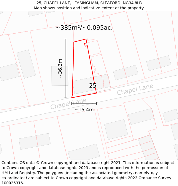 25, CHAPEL LANE, LEASINGHAM, SLEAFORD, NG34 8LB: Plot and title map