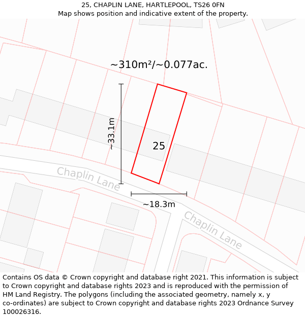 25, CHAPLIN LANE, HARTLEPOOL, TS26 0FN: Plot and title map