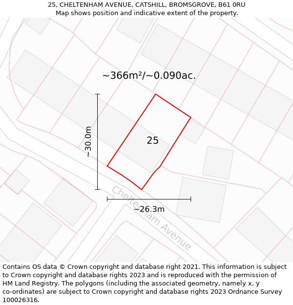 25, CHELTENHAM AVENUE, CATSHILL, BROMSGROVE, B61 0RU: Plot and title map