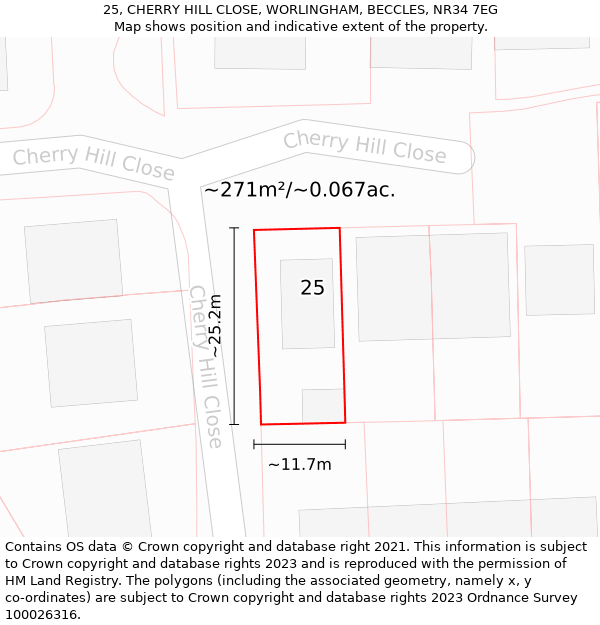 25, CHERRY HILL CLOSE, WORLINGHAM, BECCLES, NR34 7EG: Plot and title map