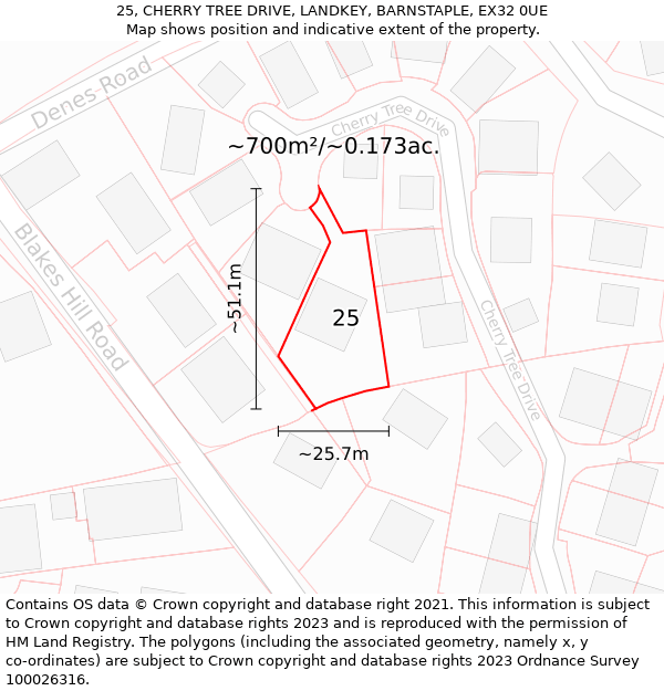 25, CHERRY TREE DRIVE, LANDKEY, BARNSTAPLE, EX32 0UE: Plot and title map