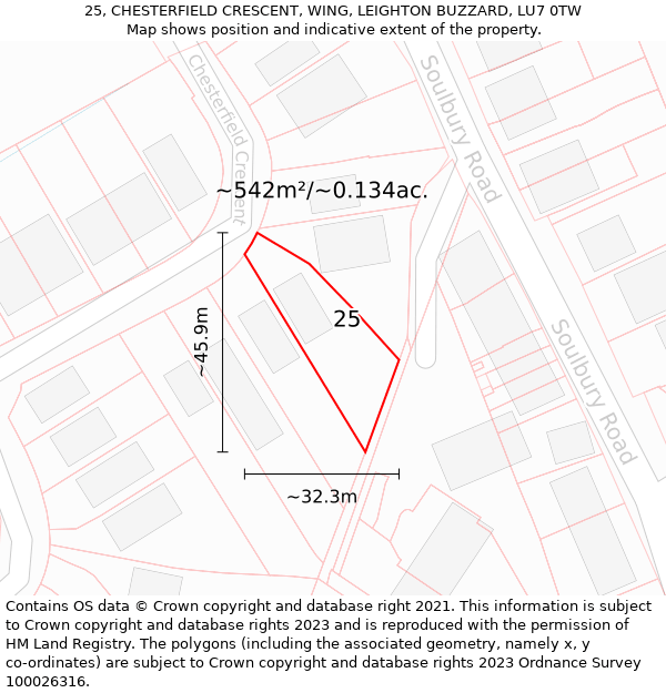 25, CHESTERFIELD CRESCENT, WING, LEIGHTON BUZZARD, LU7 0TW: Plot and title map