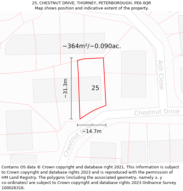 25, CHESTNUT DRIVE, THORNEY, PETERBOROUGH, PE6 0QR: Plot and title map