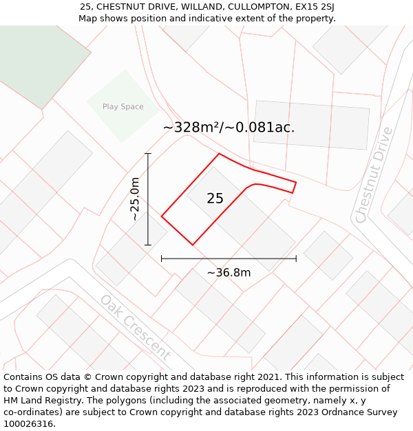 25, CHESTNUT DRIVE, WILLAND, CULLOMPTON, EX15 2SJ: Plot and title map