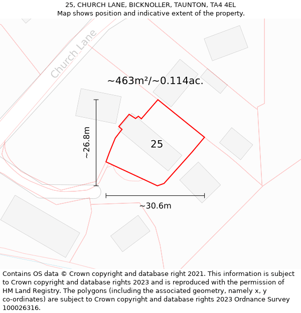 25, CHURCH LANE, BICKNOLLER, TAUNTON, TA4 4EL: Plot and title map