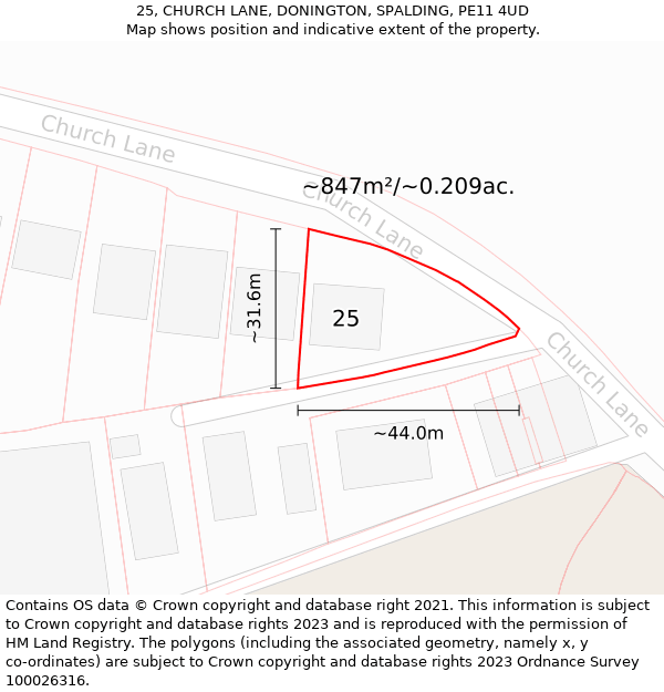 25, CHURCH LANE, DONINGTON, SPALDING, PE11 4UD: Plot and title map