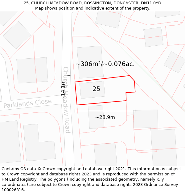 25, CHURCH MEADOW ROAD, ROSSINGTON, DONCASTER, DN11 0YD: Plot and title map