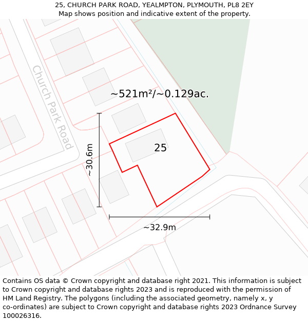 25, CHURCH PARK ROAD, YEALMPTON, PLYMOUTH, PL8 2EY: Plot and title map