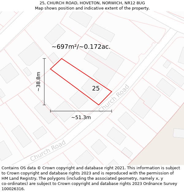 25, CHURCH ROAD, HOVETON, NORWICH, NR12 8UG: Plot and title map