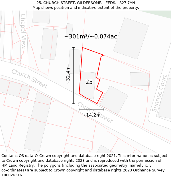 25, CHURCH STREET, GILDERSOME, LEEDS, LS27 7AN: Plot and title map