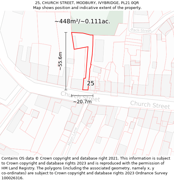 25, CHURCH STREET, MODBURY, IVYBRIDGE, PL21 0QR: Plot and title map