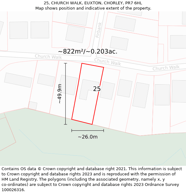 25, CHURCH WALK, EUXTON, CHORLEY, PR7 6HL: Plot and title map