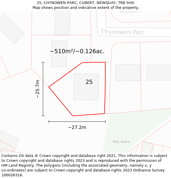 25, CHYNOWEN PARC, CUBERT, NEWQUAY, TR8 5HD: Plot and title map