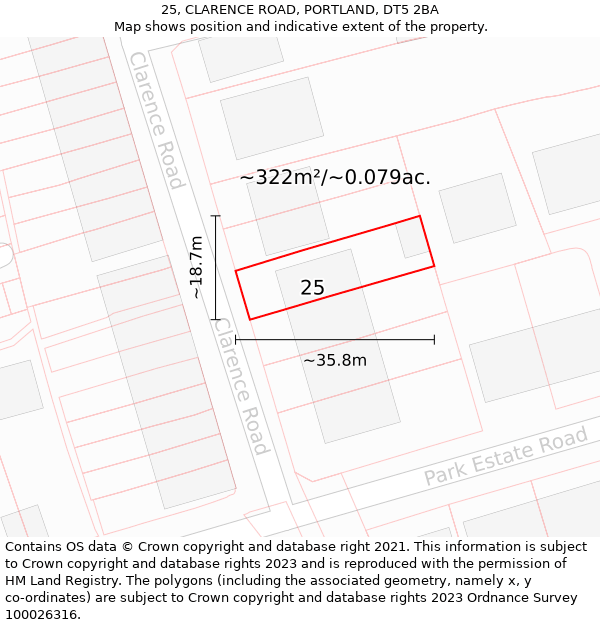 25, CLARENCE ROAD, PORTLAND, DT5 2BA: Plot and title map