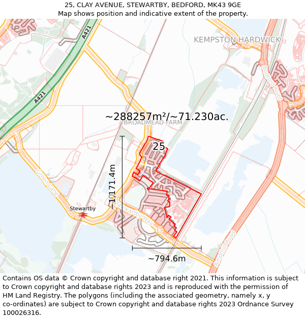 25, CLAY AVENUE, STEWARTBY, BEDFORD, MK43 9GE: Plot and title map