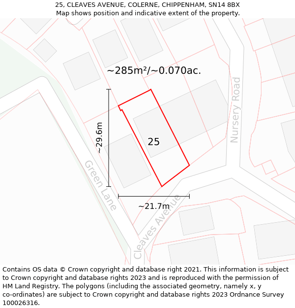 25, CLEAVES AVENUE, COLERNE, CHIPPENHAM, SN14 8BX: Plot and title map