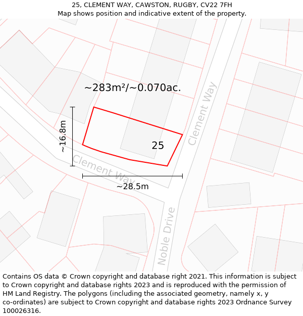 25, CLEMENT WAY, CAWSTON, RUGBY, CV22 7FH: Plot and title map