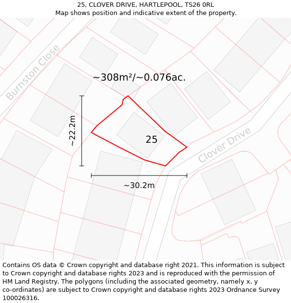 25, CLOVER DRIVE, HARTLEPOOL, TS26 0RL: Plot and title map