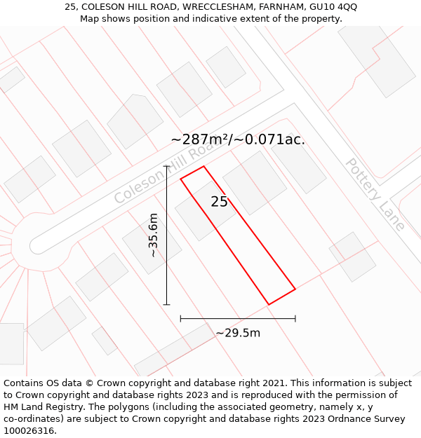 25, COLESON HILL ROAD, WRECCLESHAM, FARNHAM, GU10 4QQ: Plot and title map