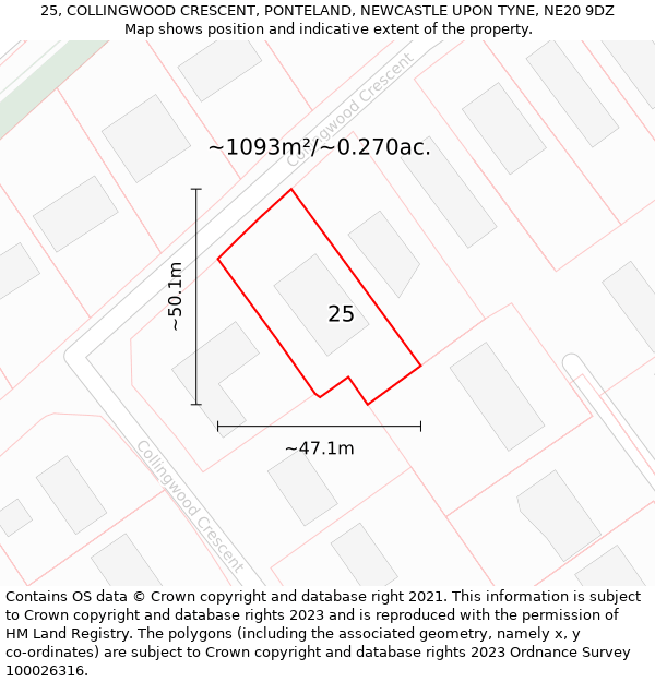 25, COLLINGWOOD CRESCENT, PONTELAND, NEWCASTLE UPON TYNE, NE20 9DZ: Plot and title map