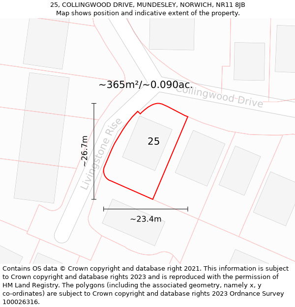 25, COLLINGWOOD DRIVE, MUNDESLEY, NORWICH, NR11 8JB: Plot and title map