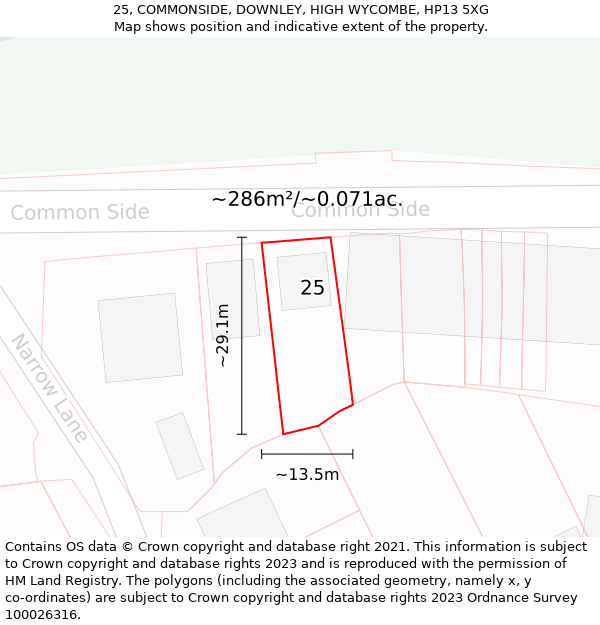 25, COMMONSIDE, DOWNLEY, HIGH WYCOMBE, HP13 5XG: Plot and title map