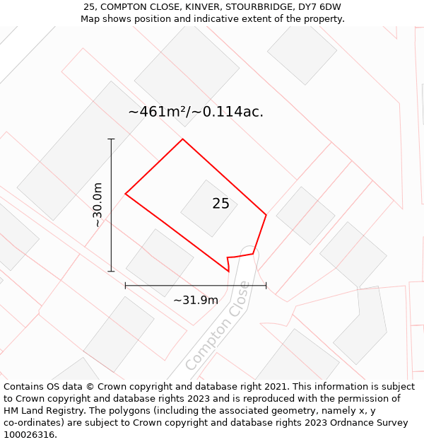 25, COMPTON CLOSE, KINVER, STOURBRIDGE, DY7 6DW: Plot and title map