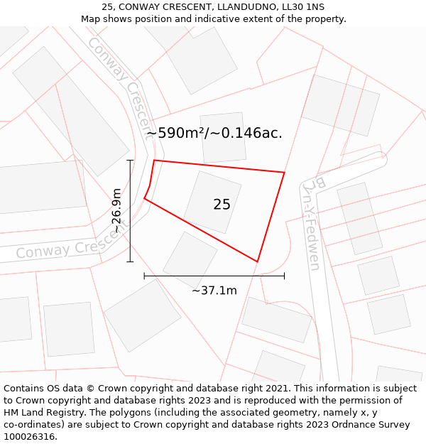 25, CONWAY CRESCENT, LLANDUDNO, LL30 1NS: Plot and title map